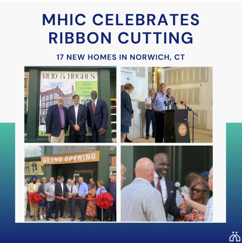 MHIC CEO Moddie Turay, CT governor Ned Lamont, and others celebrate Norwich, CT's newest apartment building.